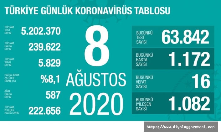 Türkiye'de 24 saatte bin 172 yeni vaka