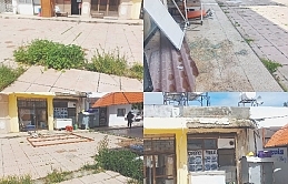 Gazimağusa Otobüs Terminali’ndeki bazı binalardan beton parçaları kopuyor; kırık camlar etrafa saçılıyor, kuru otalar görüntü kirliliği oluşturuyor
